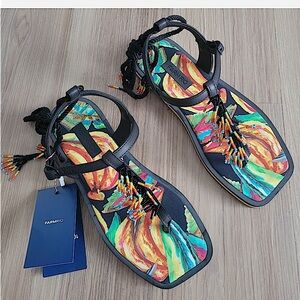 Farm Rio Black Banana Beaded Flat Sandal